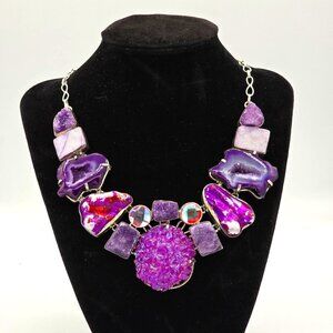 Statement Necklace Purple Druzy Agate Geode Crystal Gemstone Fashion Jewelry